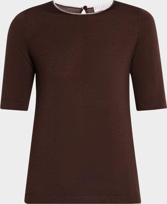 Brunello Cucinelli Cashmere and Silk Short-Sleeve Monili Trim Knit Top