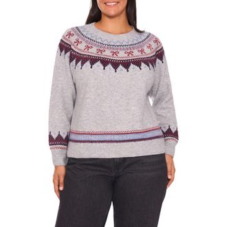 CeCe by Cynthia Steffe Fair Isle Ribbon Detail Crewneck Sweater in Light Heather Grey at Nordstrom Rack, Size 1X