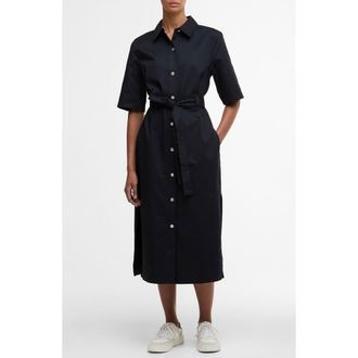 Barbour Sloane Tie Waist Midi Shirtdress in Dark Navy at Nordstrom, Size 12 Us