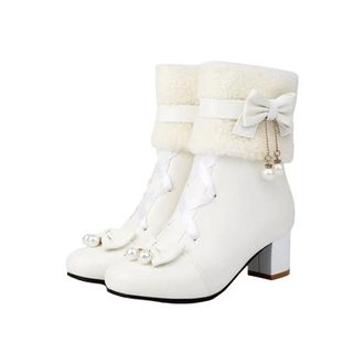 Generic Womens Ankle Boots Round Toe Medium Square Heel With Side Zipper Butterfly-Knot And Pearl Cutout Details