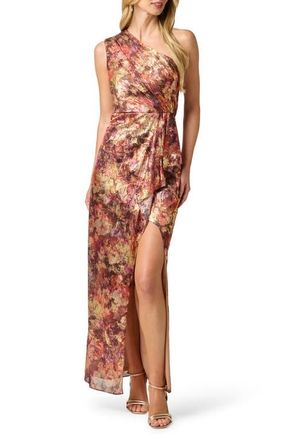 Adrianna Papell Metallic Floral One-Shoulder Chiffon Gown in Gold Multi at Nordstrom, Size 14