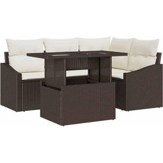 vidaXL Conjunto De Sof&aacute; De Jard&iacute;n 5 Pcs Marr&oacute;n Y Crema Rat&aacute;n Sint&eacute;tico Vidaxl