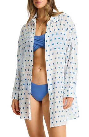Sea Level Australia Dottie Cruise Polka Dot Cover-Up Shirt in Denim Blue at Nordstrom, Size X-Small