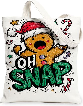 Generic Christmas Gingerbread Canvas Tote Bags, Holiday Fun Biscuits Design Reusable Grocery Bags, Festive Lightweight Washable Sho, White, 13x15 Inch