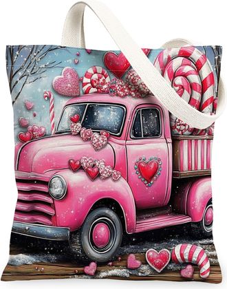 Generic Valentines Day Peach Truck Canvas Tote Bag, Heart Pattern Stylish Reusable Bags, Vintage Lightweight Washable Shoulder Strap for Shopping Picnic 13x15