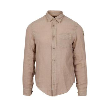 Blauer Casual Shirts, male, Beige, Size: 2XL Linen Long-Sleeved Shirt with Pocket