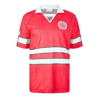 Hummel Unisex voetbalshirt voor volwassenen uit 1988, Denemarken (Rood, Wit)