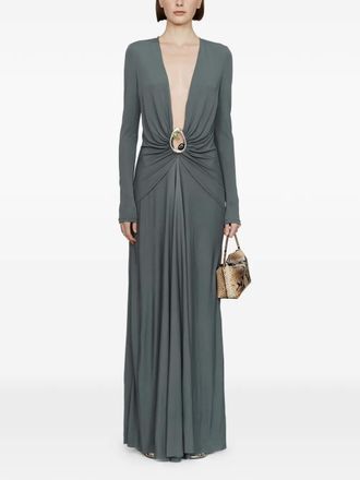 CHRISTOPHER ESBER Orica Crystal Ruched V-neck dress - women - Viscose/Zinc Alloy/Brass/Natural Stone - 6 - Grey