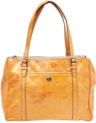 Coach Tan Patent Leather Peyton Op Art Double Zip Satchel
