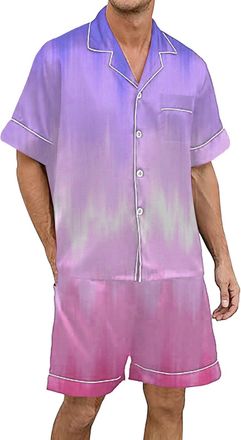 Generic Pyjamas for Men Mens Gradient Multicolored Printed Silk Satin Short Sleeved Button Up Pajamas Set (Light Purple, XXXL)
