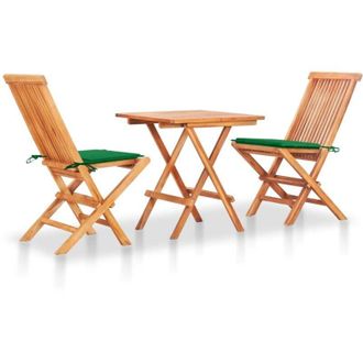 vidaXL Set De Bistr&oacute; 3 Pzas Con Cojines Verdes Madera Maciza Teca Vidaxl
