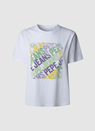 Pepe Jeans London T-Shirt PEPE JEANS AMELIA, Damen, Gr. XL, weiss (800wei&szlig;), Single Jersey, Obermaterial: 100% Baumwolle, bedruckt, meliert, regular fit, Rundhals, abge