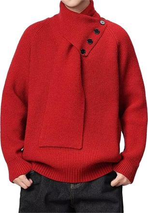 Generic Mens Casual V Neck Pullover Sweaters Ribbed Knit Jumper with Removable Scarf (Red,XL)