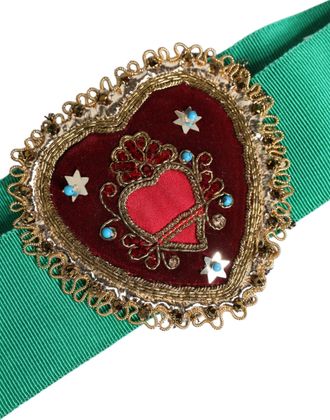 Dolce & Gabbana Womens Green Stretch Wide Waist Heart Embellished Belt Cotton Viscose