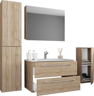 VCM 5pcs Set 1 Lavabo Con Dos Cajones, 1 Gabinete De Espejo, 1 Lavabo, 1 Midischrank, 1 Gabinete Alto Lavabo De Cer&aacute;mica Gabinete Inferior Colgante 80 Cm 