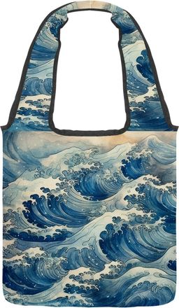 Generic Waves Print Reversible Canvas Shoulder Tote - Double-Sided Print, 12oz Cotton, 27cm Drop, Fold-Flat Bag for Travel, Shopping, Street Outings