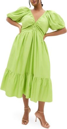 City Chic Grace Puff Sleeve Midi Dress in Pistachio at Nordstrom, Size 14W