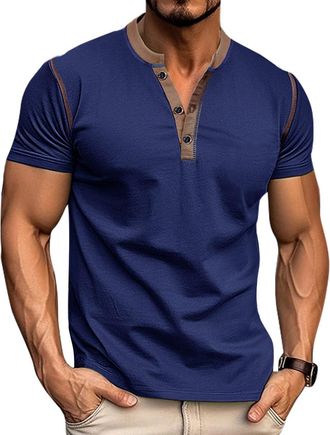 SHEKINI Mens Casual Short Sleeve T-Shirt Henley Shirts Activewear T-Shirts Tees(Blue,M)