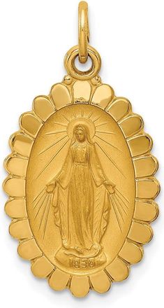 Diamond2Deal 14k Yellow Gold and Satin Solid Miraculous Medal Scalloped Edge Oval Pendant