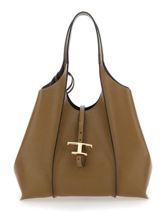Tod's Timeless T Brown Tote Bag With Two Top Handles And Logo Plaque On The Front In Grained Leather Woman