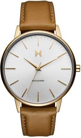 MVMT Boulevard Quartz Leather Strap Watch, 38mm in White/Tan at Nordstrom Rack