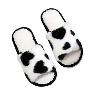 Generic Ladies Slippers Cozy Open Toe Indoor Shoes Soft Fleece Comfortable Loafers For Home Wear Heart Pattern Design Slippers For Women(Black, 3-4)