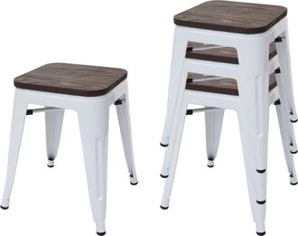 Hhg Hhg - Juego De 4 Taburetes 771 Incl. Asiento De Madera, Taburete De Metal Asiento Taburete, Metal Dise&ntilde;o Industrial Apilable, Blanco