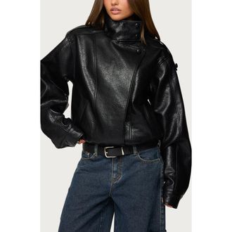 Edikted Jaicee Stand Collar Faux Leather Jacket in Black at Nordstrom, Size X-Large