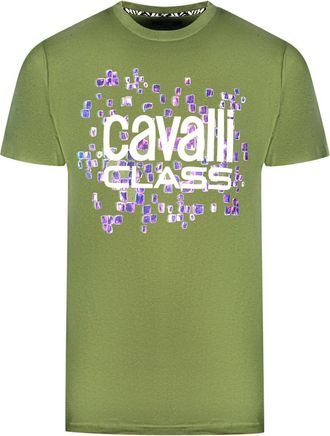 Cavalli Mens Scales Design Logo Green T-Shirt Cotton - Size X-Large