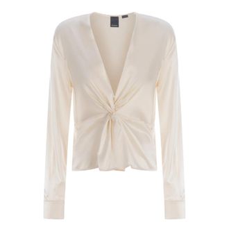 Pinko Zachte satijnen zijden blouse met V-hals en torchon detail - Dames - Blouses - Beige - M - Satijn - Overhemden