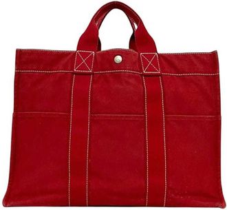 Herm&egrave;s Red Color Cotton Canvas Tote Bag (Pre-Owned)