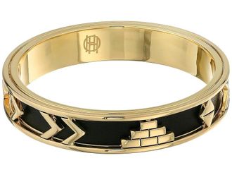 House Of Harlow Aztec Bangle with Black Leather Womens Bracelet 14K Yellow Gold Plated