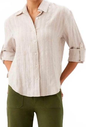 Karen Kane Stripe Linen Roll-Tab Shirt In Oatmeal