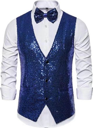 Generic Mens Full Sequin Vest with V-Neck and Matching Bow Tie for Prom Party and Dress Suit Costume Celebrations(Blue, S)