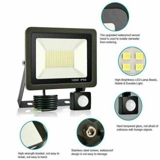 OEM Foco Reflector Con Sensor De Movimiento De 100 W - Resistente Al Agua Ip65 - 60.000 L&uacute;menes Blanco Fr&iacute;o - Iluminaci&oacute;n Para Garajes Y Campos Deportivos