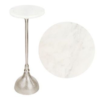 Jonathan Y Designs Ava 23.75 Art Deco Contemporary Metal Pedestal Drink Table and Decorative End Table with White Marble Round Top and Hammered Base in