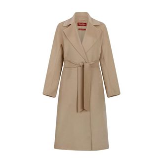 Max Mara Belted Coats, female, Beige, Size: 3XS Cles Wool, Cashmere and Silk Long Coat