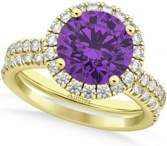 Allurez Amethyst & Diamond Round-Cut Halo Bridal Set 18K Yellow Gold (2.57ct)