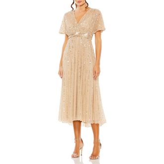 Mac Duggal Empire Waist Embellished Short Sleeve Dress in Taupe at Nordstrom, Size 16