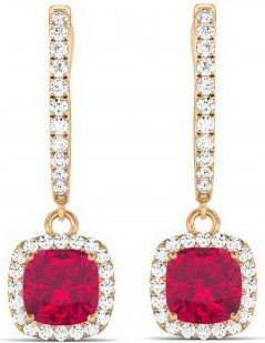 Allurez Cushion Lab Ruby & Lab Diamond Halo Dangling Earrings 14k Rose Gold (3.40ct)