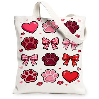 Generic Cute Paw Print Canvas Tote Bags, Heart Bow Pattern Reusable Shopping Bags, Lightweight Washable Shoulder Strap Canvas for E, White, 13x15 Inch