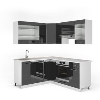 Vicco Cocina Esquinera Fame-line, Antracita Brillo Intenso/blanco, 160 X 190 Cm, Et M&aacute;rmol