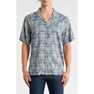 Lucky Brand Geometric Stripe Linen Blend Camp Shirt in Green Bay at Nordstrom Rack, Size Xx-Large
