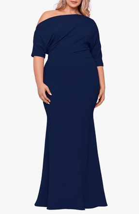 Betsy & Adam One-Shoulder Scuba Crepe Gown in Navy at Nordstrom, Size 18W