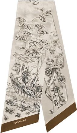 Ferragamo Zijden Bandeau met Voyage Print - Dames - Zijden sjaals - Beige - ONE Size - Accessoires