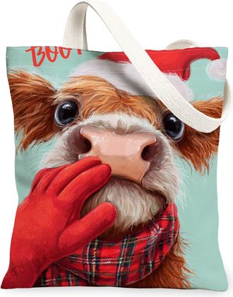 Generic Christmas Animal Canvas Tote Bags, Cow Design Reusable Grocery Bags, Winter Rustic Lightweight Washable Shoulder Strap Canv, Multicolor, 13x15 Inch