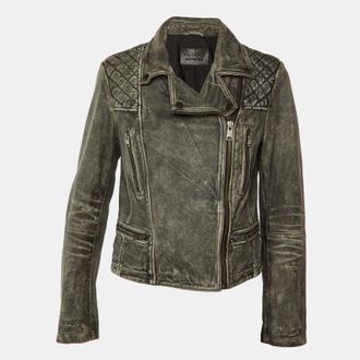 AllSaints Vintage Grey Leather Cargo Biker Jacket