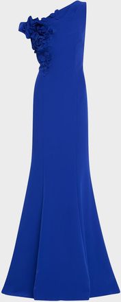 Teri Jon One-Shoulder Floral Applique Crepe Mermaid Gown