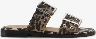 Ganni Mixed Feminine Buckle Two-Strap Sandals in Leopard Denim - Size 36 Organic Cotton