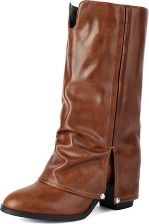 Generic Womens High-Tube Slouch Boots PU Leather Side Split And Metal Studs Retro Round Toe Design For Daily Streetwear Weekend Gathering,Brown,5.5 UK